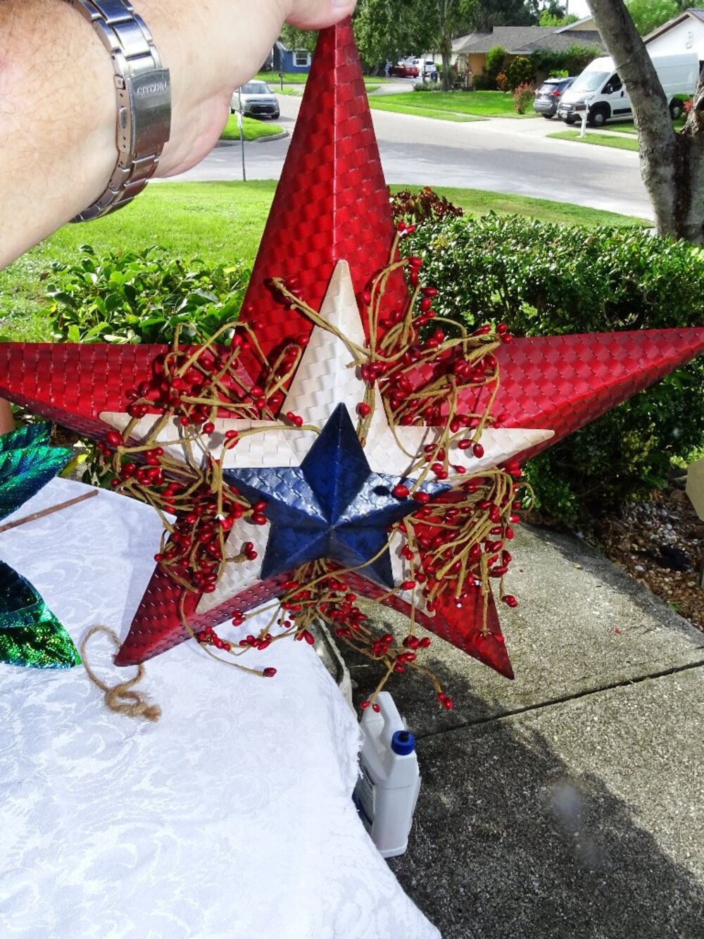 Patriotic Barn Star-Red-White-Blue with berries 18"